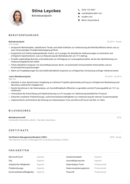 Lebenslauf-Muster für Betriebsanalyst*in