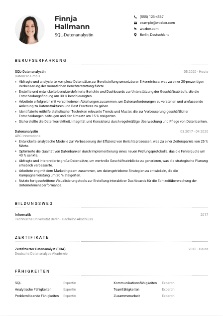 Lebenslauf-Muster für SQL-Datenanalyst*in