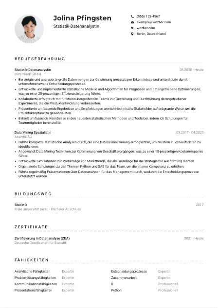 Lebenslauf-Muster für Statistik-Datenanalyst*in