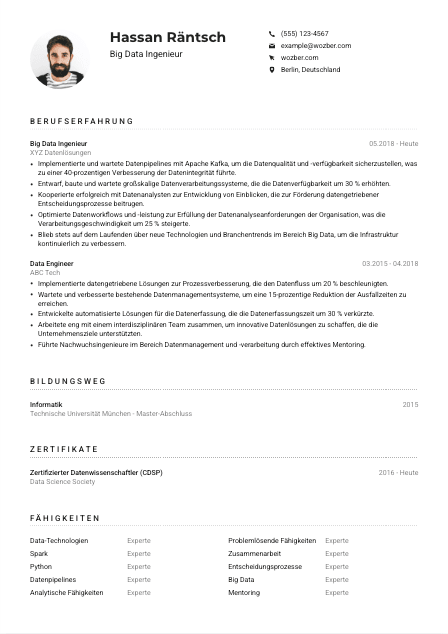 Lebenslauf-Muster für Big Data Ingenieur*in