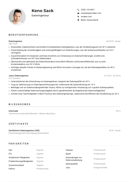 Lebenslauf-Muster für Dateningenieur*in