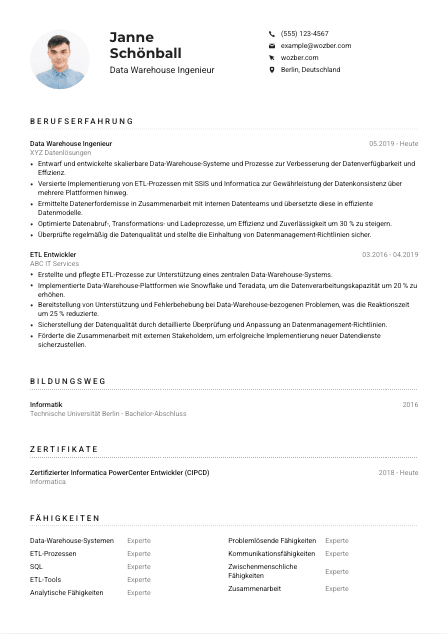 Lebenslauf-Muster für Data Warehouse Ingenieur*in