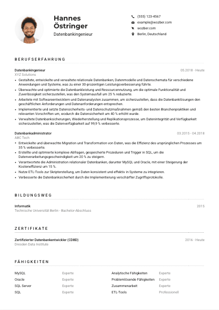 Lebenslauf-Muster für Datenbankingenieur*in