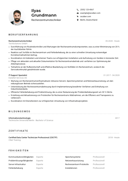 Lebenslauf-Muster für Rechenzentrumstechniker*in