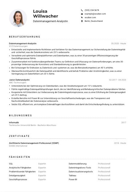 Lebenslauf-Muster für Datenmanagement-Analyst*in