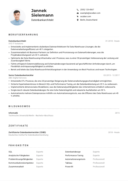 Lebenslauf-Muster für Datenbankarchitekt*in