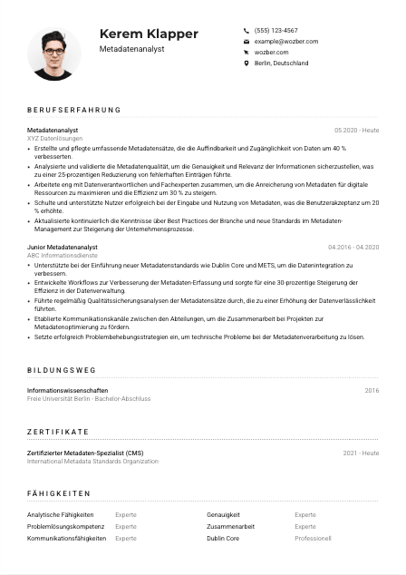 Lebenslauf-Muster für Metadatenanalyst*in