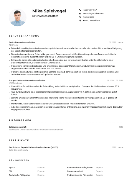 Lebenslauf-Muster für Datenwissenschaftler*in