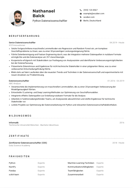Lebenslauf-Muster für Python Datenwissenschaftler*in
