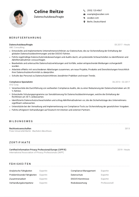 Lebenslauf-Muster für Datenschutzbeauftragte*r