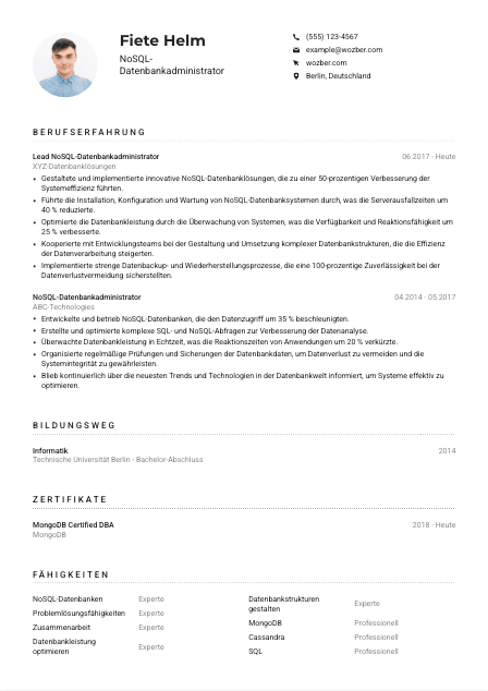 Lebenslauf-Muster für NoSQL-Datenbankadministrator*in