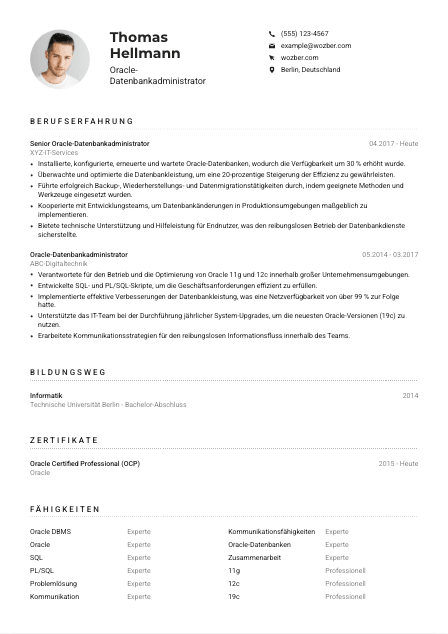 Lebenslauf-Muster für Oracle-Datenbankadministrator*in