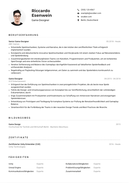 Lebenslauf-Muster für Game-Designer*in