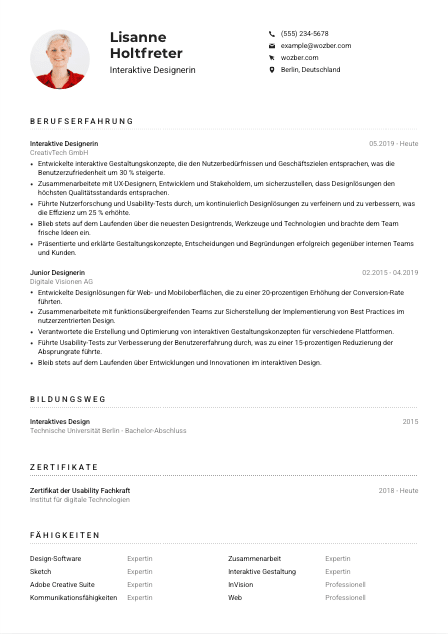Lebenslauf-Muster für Interaktive*r Designer*in