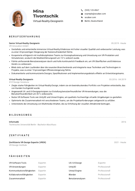 Lebenslauf-Muster für Virtual-Reality-Designer*in