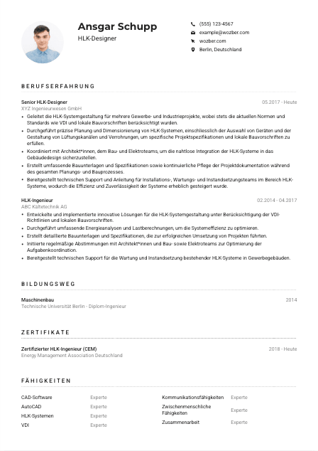 Lebenslauf-Muster für HLK-Designer*in
