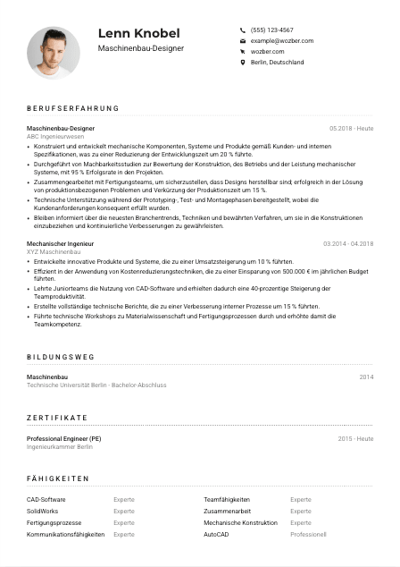 Lebenslauf-Muster für Maschinenbau-Designer*in