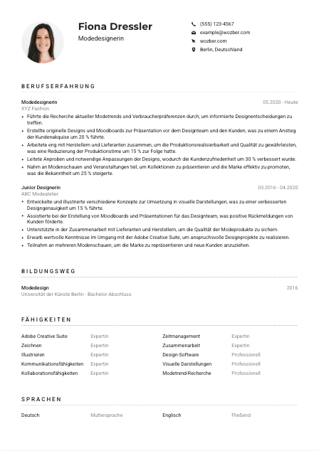 Lebenslauf-Muster für Modedesigner*in