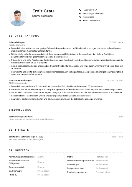Lebenslauf-Muster für Schmuckdesigner*in