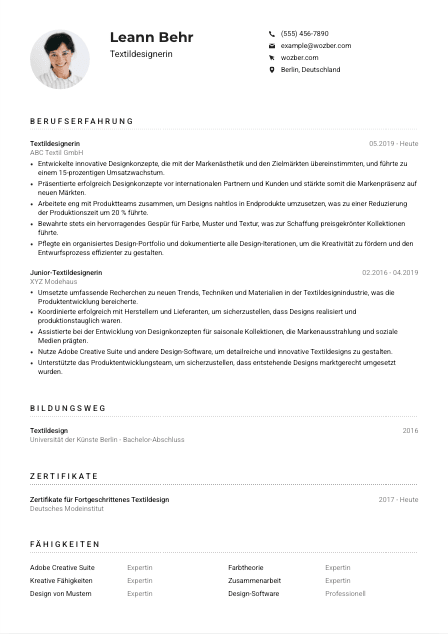Lebenslauf-Muster für Textildesigner*in