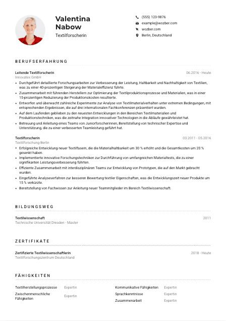 Lebenslauf-Muster für Textilforscher*in