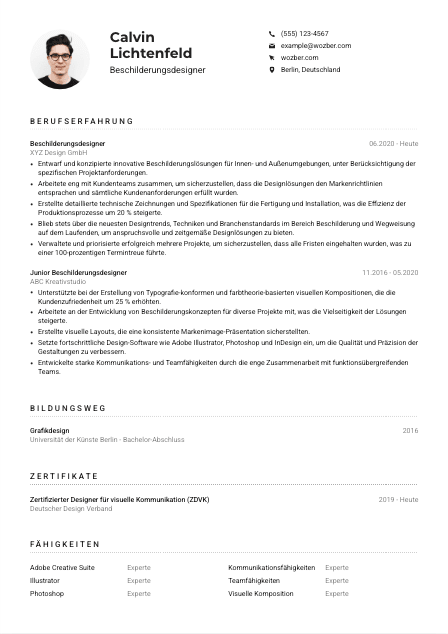 Lebenslauf-Muster für Beschilderungsdesigner*in
