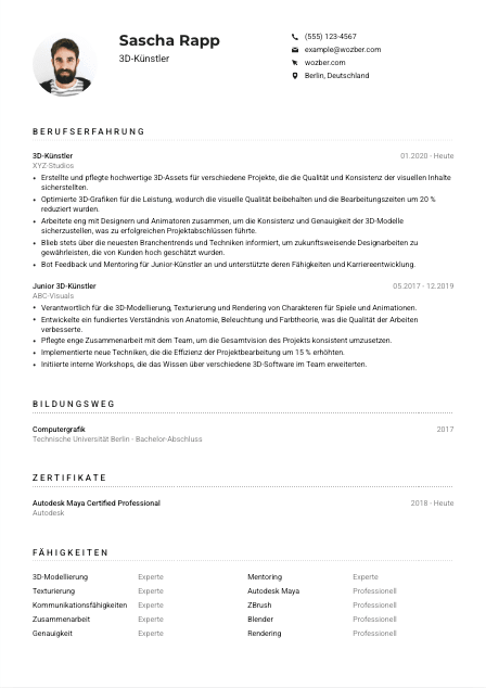 Lebenslauf-Muster für 3D-Künstler*in
