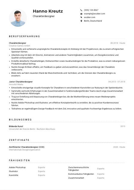 Lebenslauf-Muster für Charakterdesigner*in