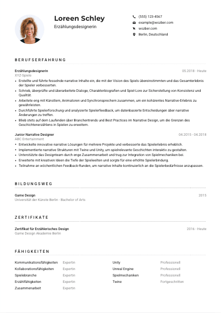 Lebenslauf-Muster für Erzählungsdesigner*in