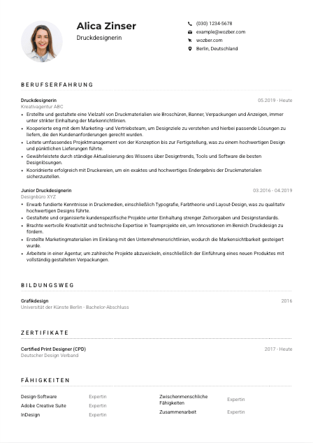 Lebenslauf-Muster für Druckdesigner*in