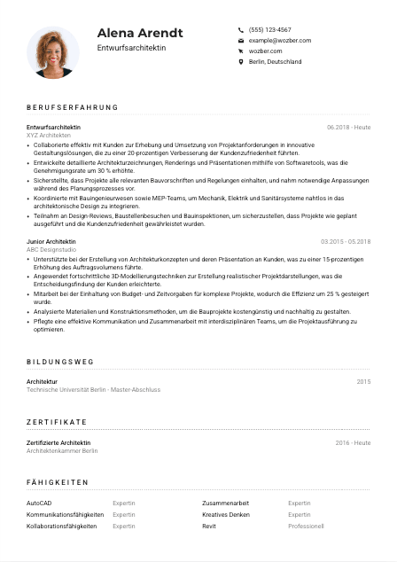 Lebenslauf-Muster für Entwurfsarchitekt*in