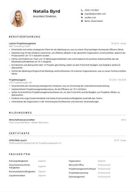 Lebenslauf-Muster für Assistenz Direktion