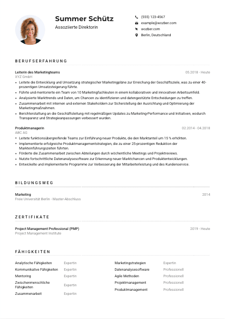 Lebenslauf-Muster für Assoziierte*r Direktor*in