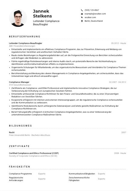 Lebenslauf-Muster für Leitende*r Compliance-Beauftragte*r
