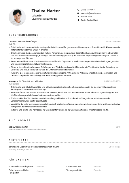 Lebenslauf-Muster für Leitende*r Diversitätsbeauftragte*r
