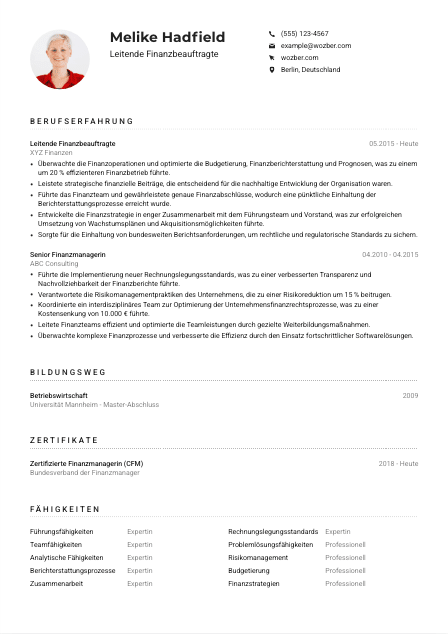Lebenslauf-Muster für Leitende*r Finanzbeauftragte*r