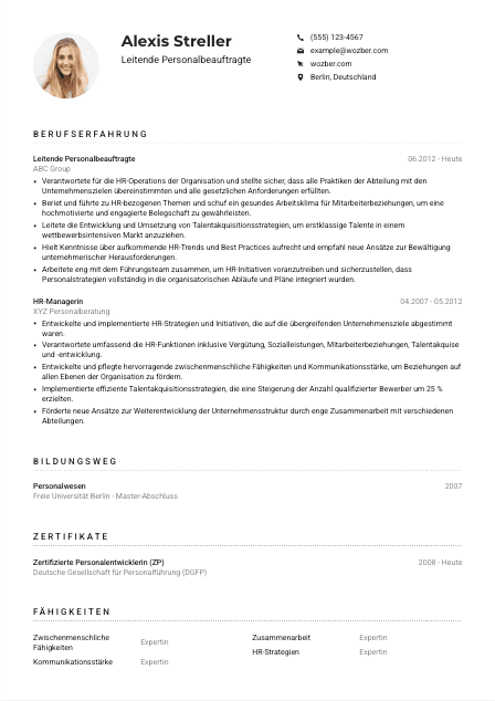 Lebenslauf-Muster für Leitende*r Personalbeauftragte*r