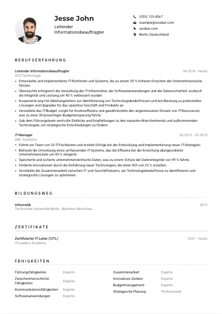 Lebenslauf-Muster für Leitende*r Informationsbeauftragte*r