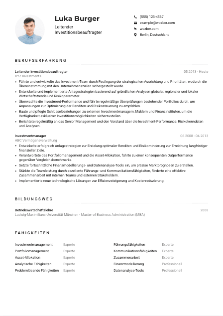 Lebenslauf-Muster für Leitende*r Investitionsbeauftragte*r