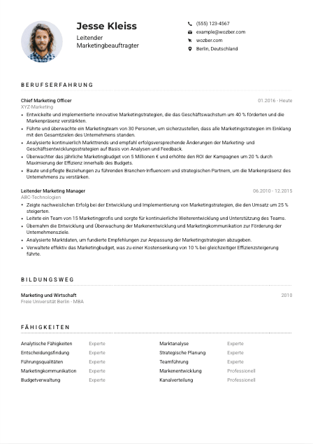 Lebenslauf-Muster für Leitende*r Marketingbeauftragte*r