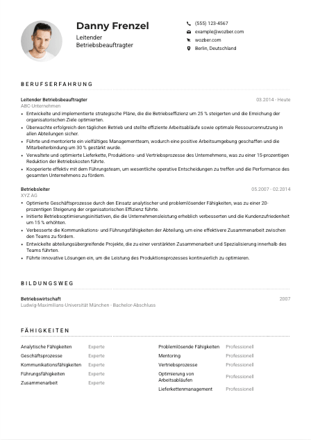 Lebenslauf-Muster für Leitende*r Betriebsbeauftragte*r