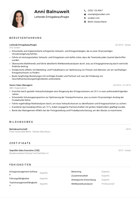 Lebenslauf-Muster für Leitende*r Ertragsbeauftragte*r