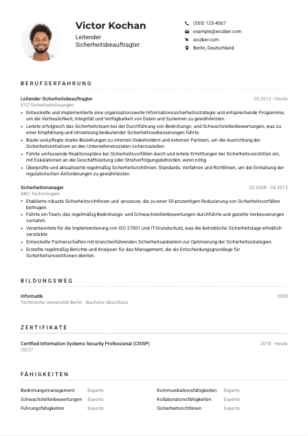 Lebenslauf-Muster für Leitende*r Sicherheitsbeauftragte*r