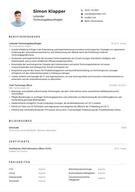 Lebenslauf-Muster für Leitende*r Technologiebeauftragte*r