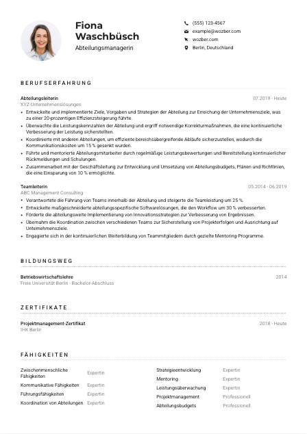 Lebenslauf-Muster für Abteilungsmanager*in
