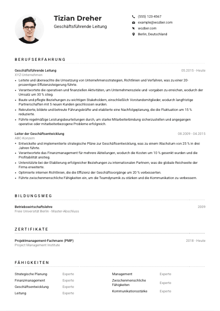 Lebenslauf-Muster für Geschäftsführende Leitung