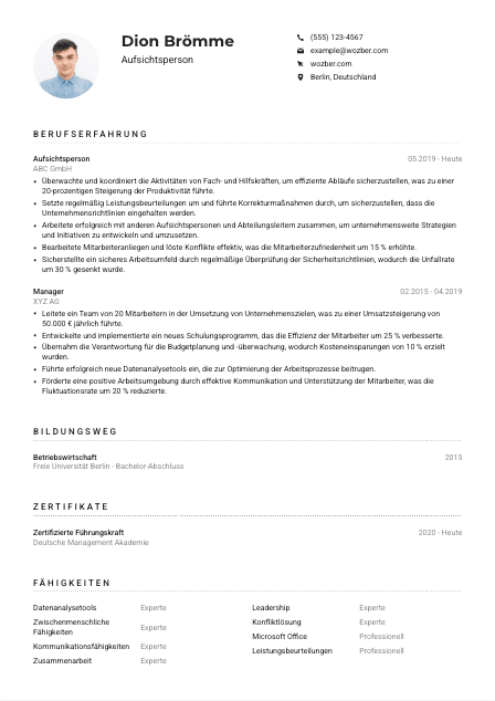Lebenslauf-Muster für Aufsichtsperson