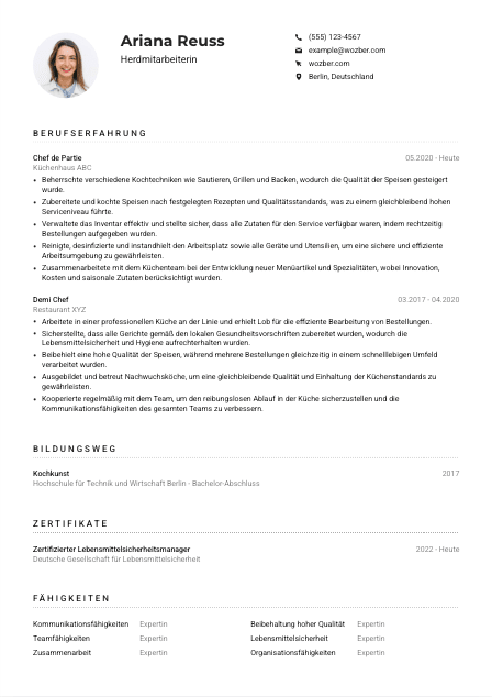 Lebenslauf-Muster für Herdmitarbeiter*in