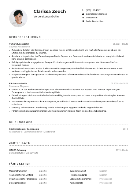 Lebenslauf-Muster für Vorbereitungskoch*köchin
