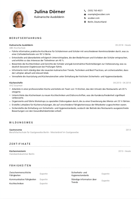 Lebenslauf-Muster für Kulinarische*r Ausbilder*in